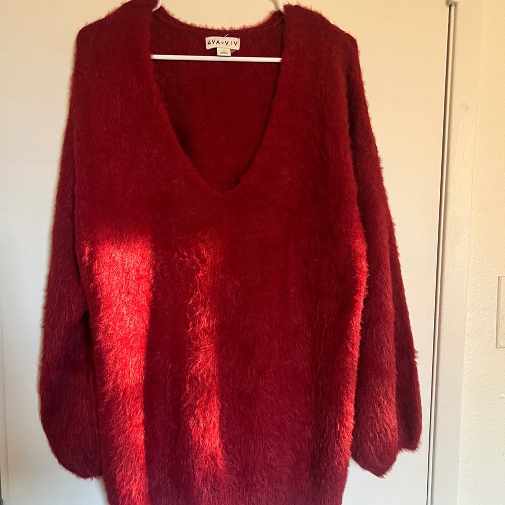 AVA & VIV DARK RED FUZZY SWEATER HIP-LENGTH SIZE 1X